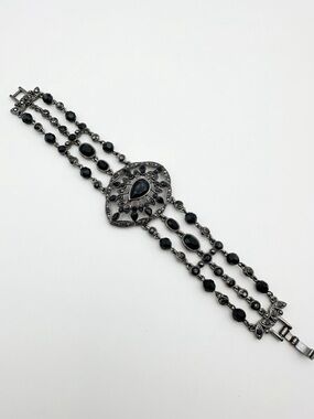 Gothic Black Crystal & Gunmetal Marcasite Style Three Row Link Bracelet